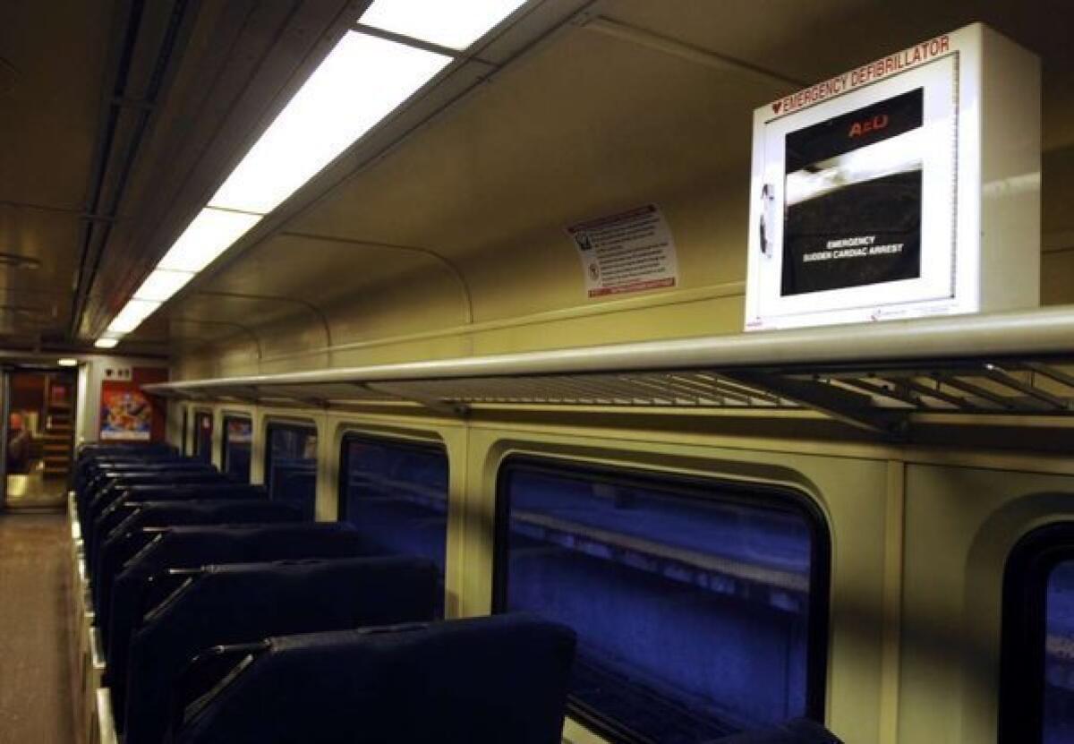 The FDA has proposed new rules aimed at improving the safety and reliability of automated external defibrillators, like this one on a commuter train near Boston. AEDs treat patients suffering from sudden cardiac arrest by shocking the heart back into a normal rhythm.