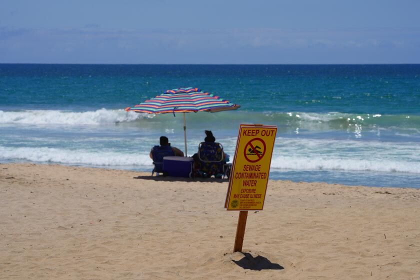 Imperial Beach, CA - May 26: On Friday, May 26, 2023 at the beach in Imperial Beach, posted warning signs from the County of San Diego Environmental Health & Quality, warn beach goers of sewage/chemical contaminated water and to keep out of the water. (Nelvin C. Cepeda / The San Diego Union-Tribune)