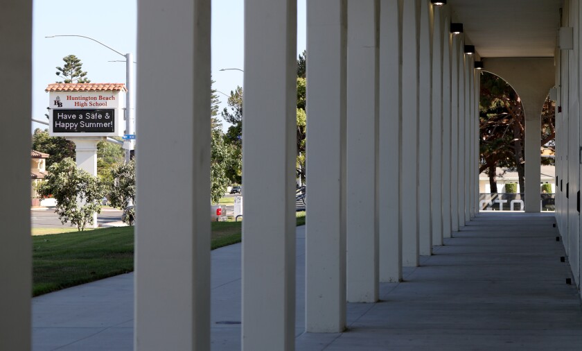 The marquee at Huntington Beach High School on July 17, 2020.