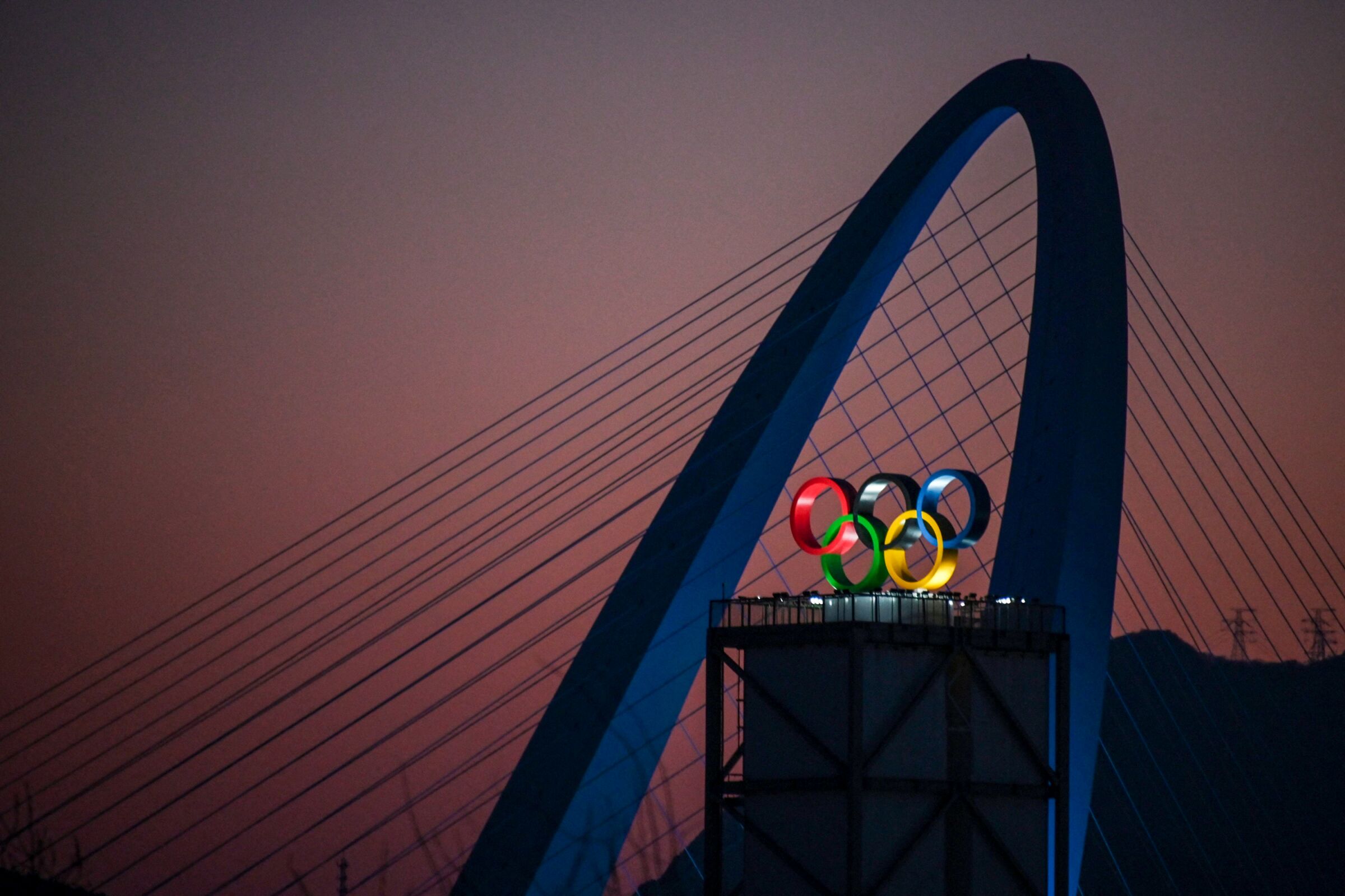 A view of the Olympic Rings is seen during sunset at the Shougang Park in Beijing. 