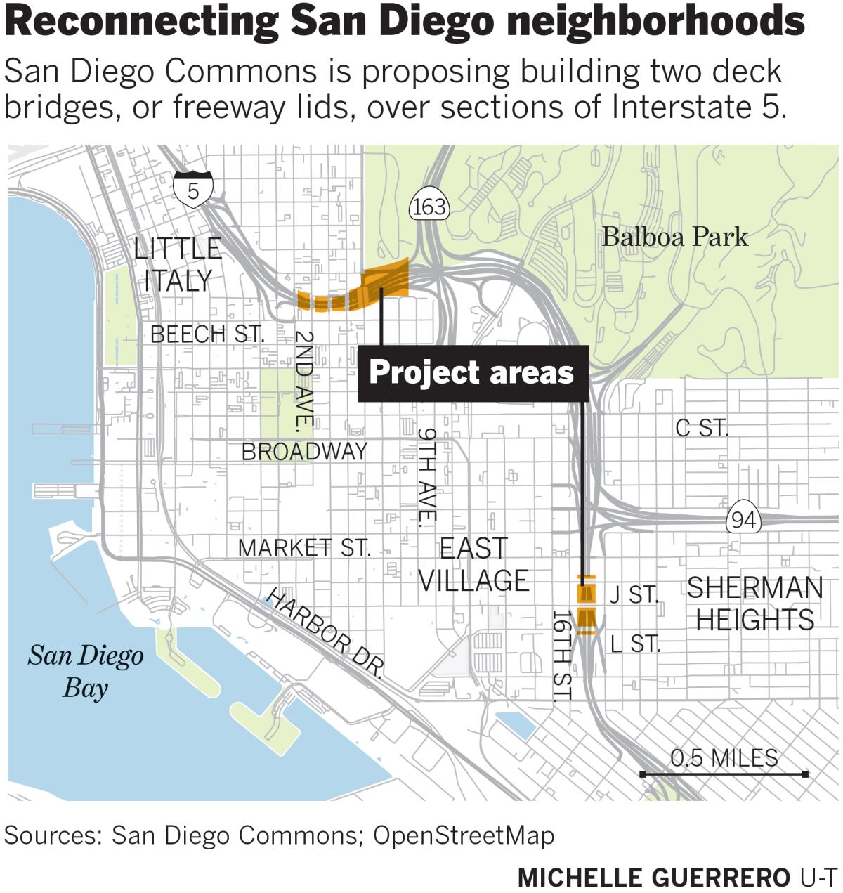 Map showing project areas for reconnecting San Diego neighborhoods with bridges over sections of Interstate 5