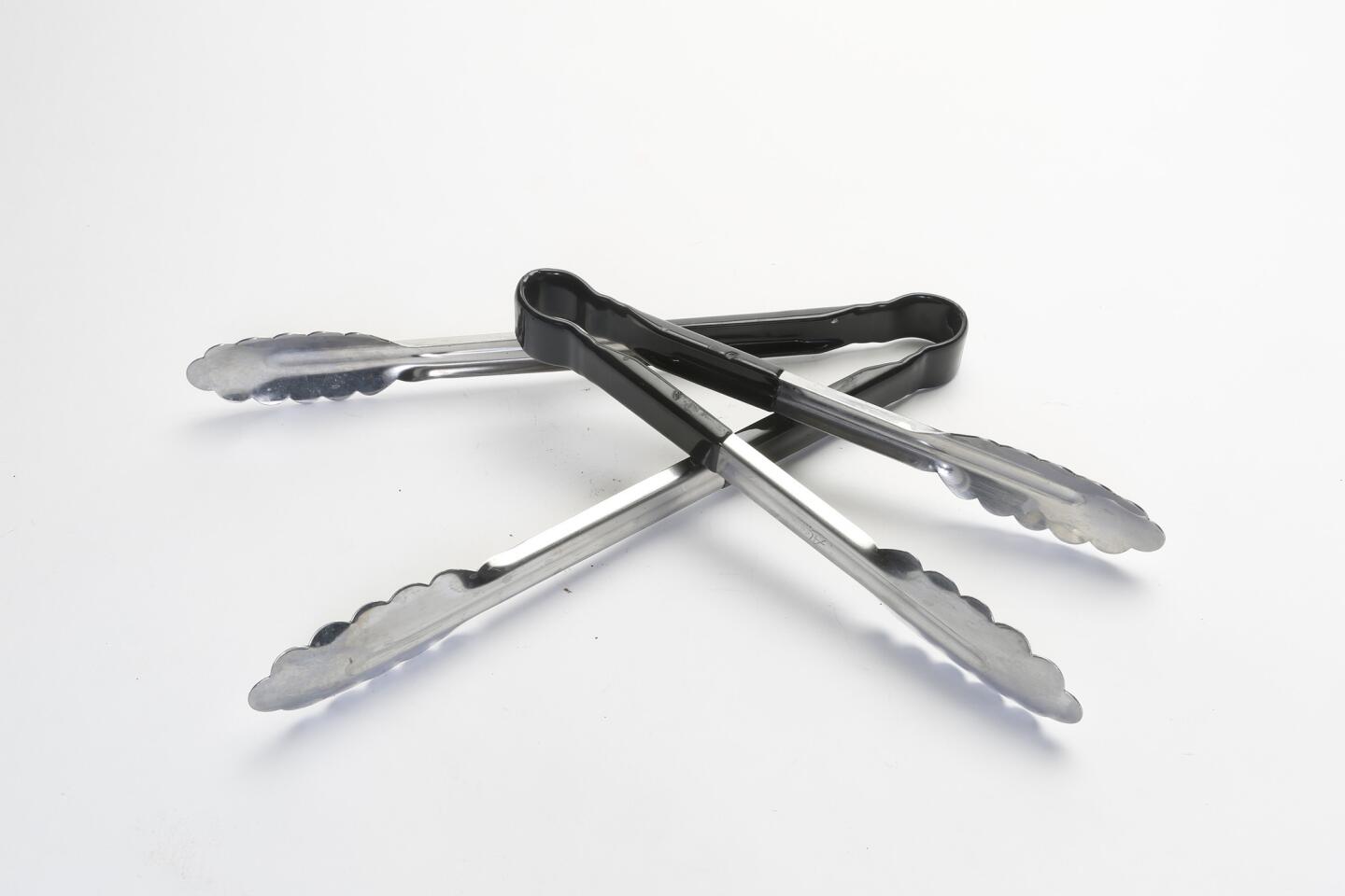 Tongs let you turn food without hurting it.