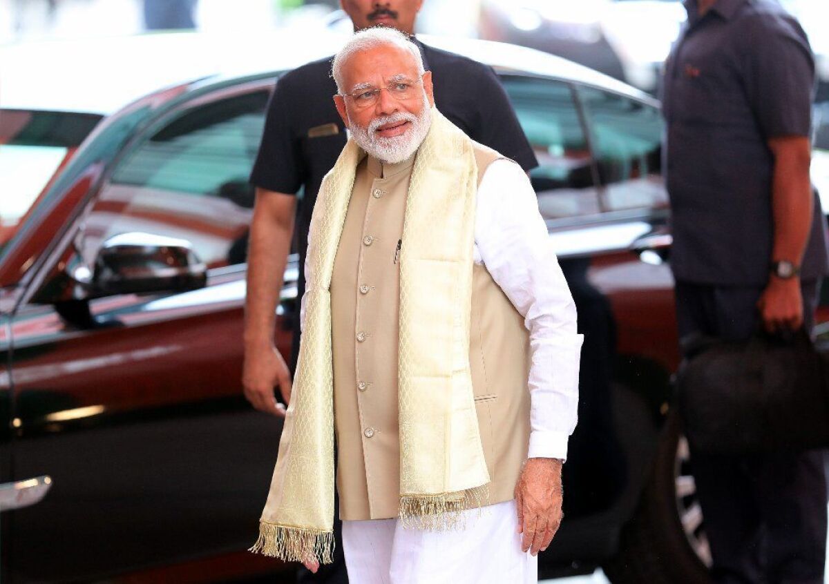 Bharatiya Janata Party leader and Indian Prime Minister Narendra Modi arrives at party headquarters in New Delhi on May 21, 2019.
