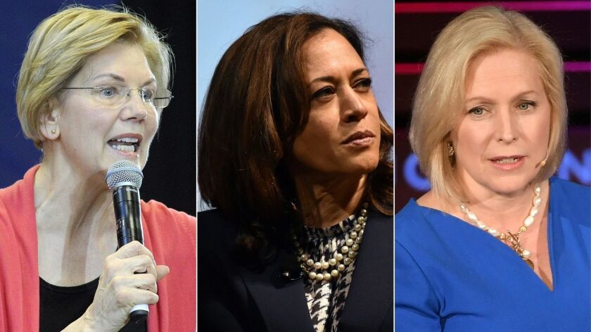 For the first time, multiple women are top-tier candidates for the Democratic presidential nomination. Sens. Elizabeth Warren of Massachusetts, left, Kamala Harris of California and Kirsten Gillibrand of New York each have different strategies for talking about issues of gender.