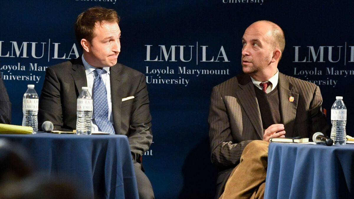 Challenger Nick Melvoin, left, is trying to unseat L.A. school board President Steve Zimmer. Both made their cases to voters at a forum held at Loyola Marymount University earlier this year.