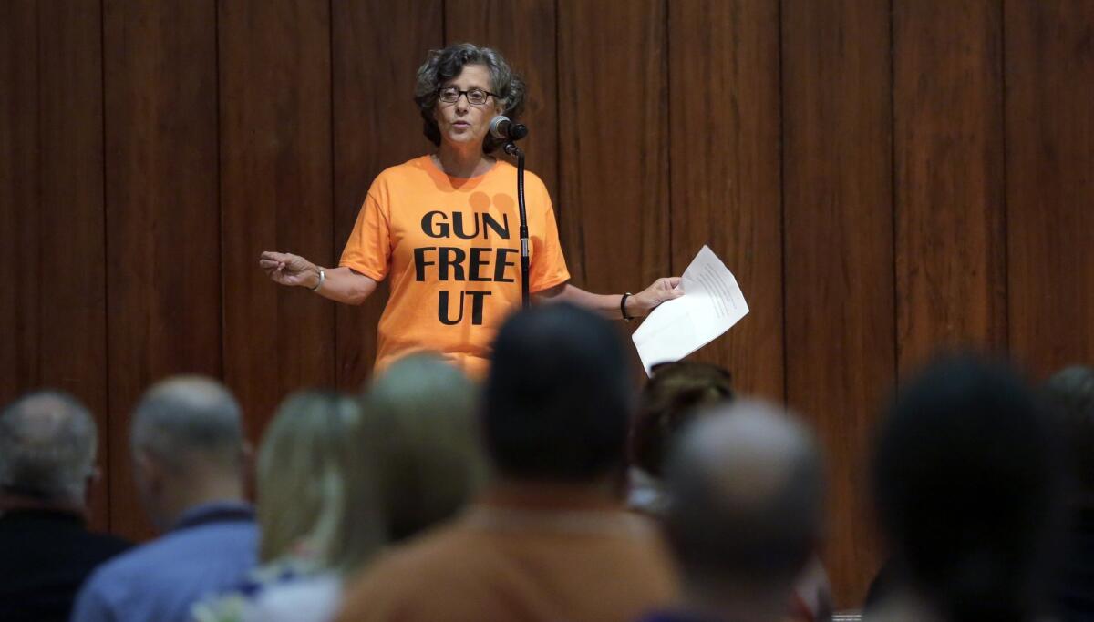 Professor Joan Neuberger speaks at a public forum held on the University of Texas campus in Austin on Sept. 30.