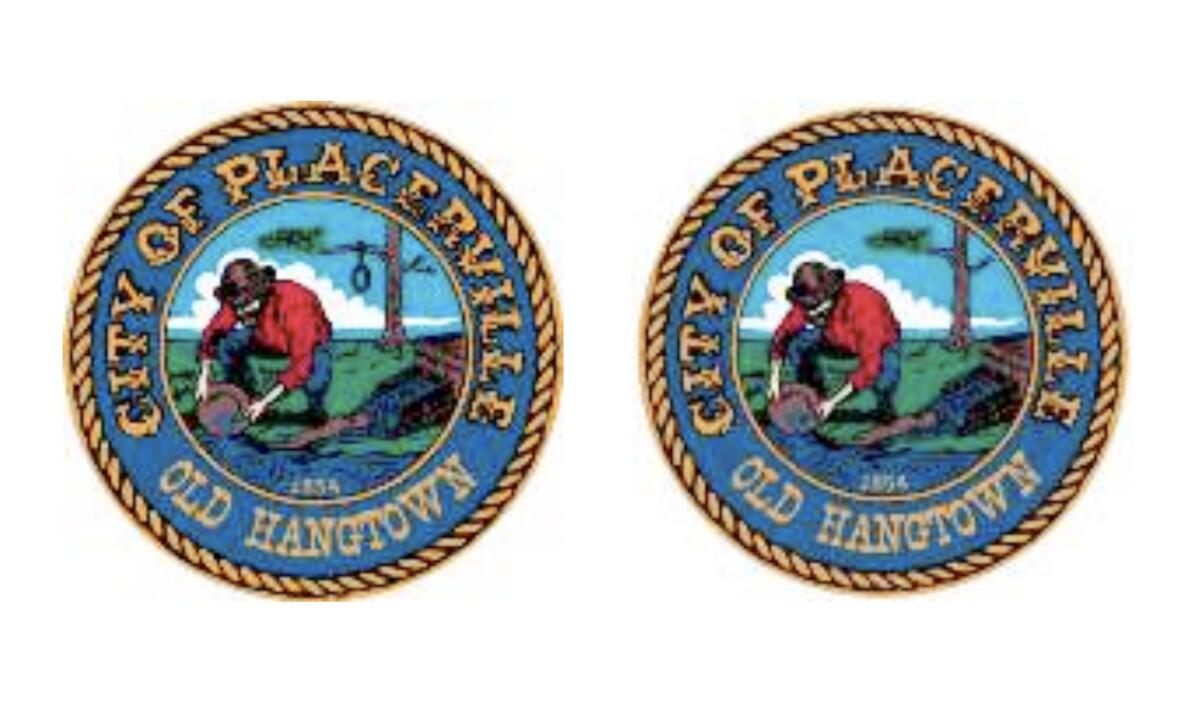 The current Placerville city logo and a proposed version of the logo without a noose dangling from a tree