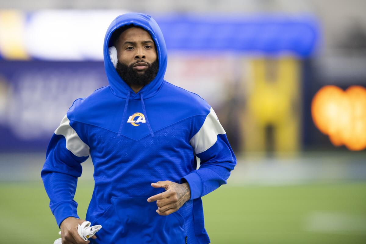 Rams wide receiver Odell Beckham Jr. warms up before a playoff win over the Arizona Cardinals on Jan. 17.
