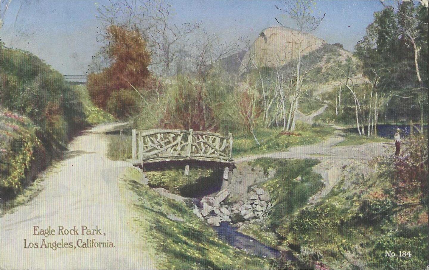 A vintage postcard depicts a riparian scene in Eagle Rock