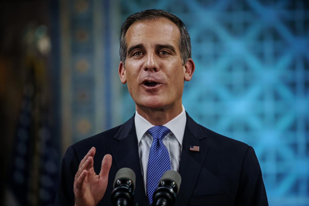 Mayor Eric Garcetti makes his annual State of the City address at L.A. City Hall on April 19.