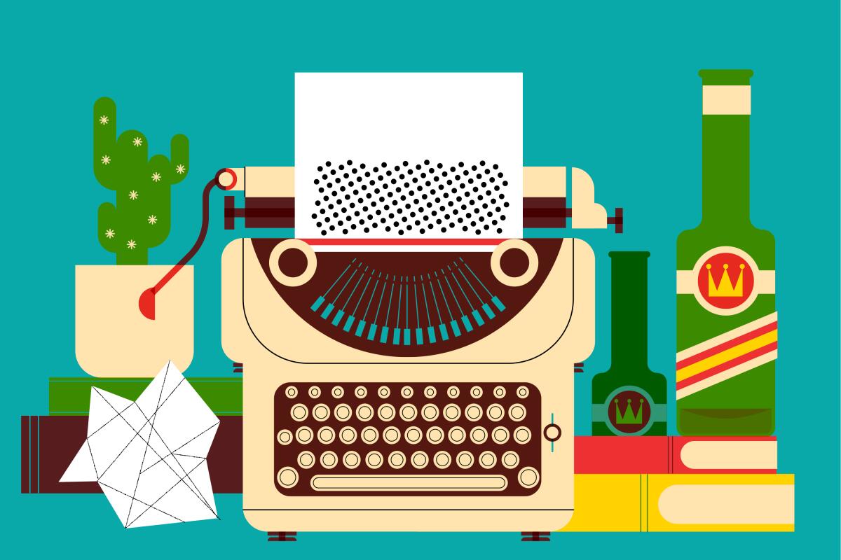 An illustration of a typewriter surrounded by books, a crumpled paper, a potted cactus and two empty beer bottles.