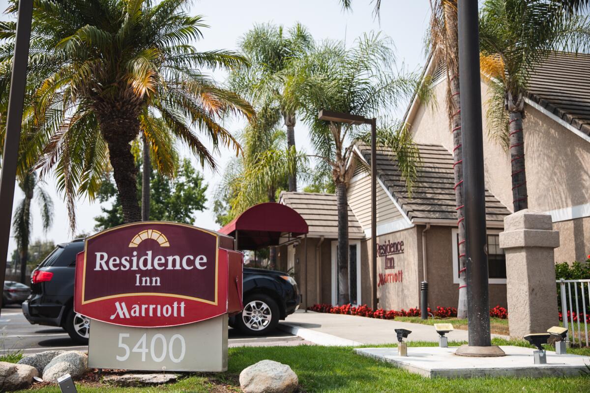The front facade of, and a sign outside, the Residence Inn by Marriott located on Kearny Mesa Road