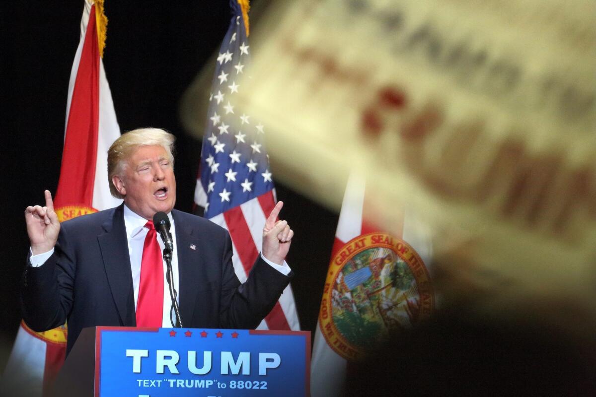 Republican presidential candidate Donald Trump speaks during a rally at Tampa Convention Center in Tampa, Florida, USA on 11 June 2016. (Elecciones, Estados Unidos) EFE/EPA/CRISTOBAL HERRERA