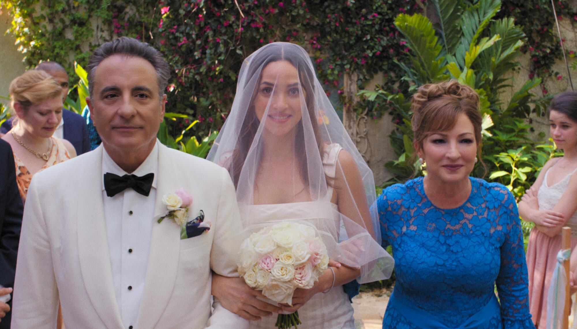 From left, Andy Garcia as Billy, Adria Arjona as Sofia and Gloria Estefan as Ingrid in "Father of the Bride."