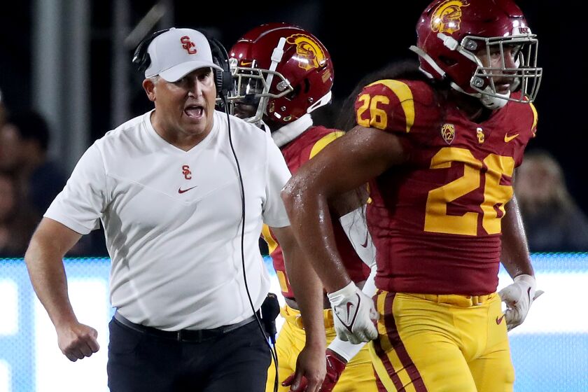 LOS ANGELES, CALIF. - SEP 11, 2021. USC head coach Clay Helton on the sideline during a game against Stanford at the Coliseum on Saturday night, Sep. 11, 2021. (Luis Sinco / Los Angeles Times)