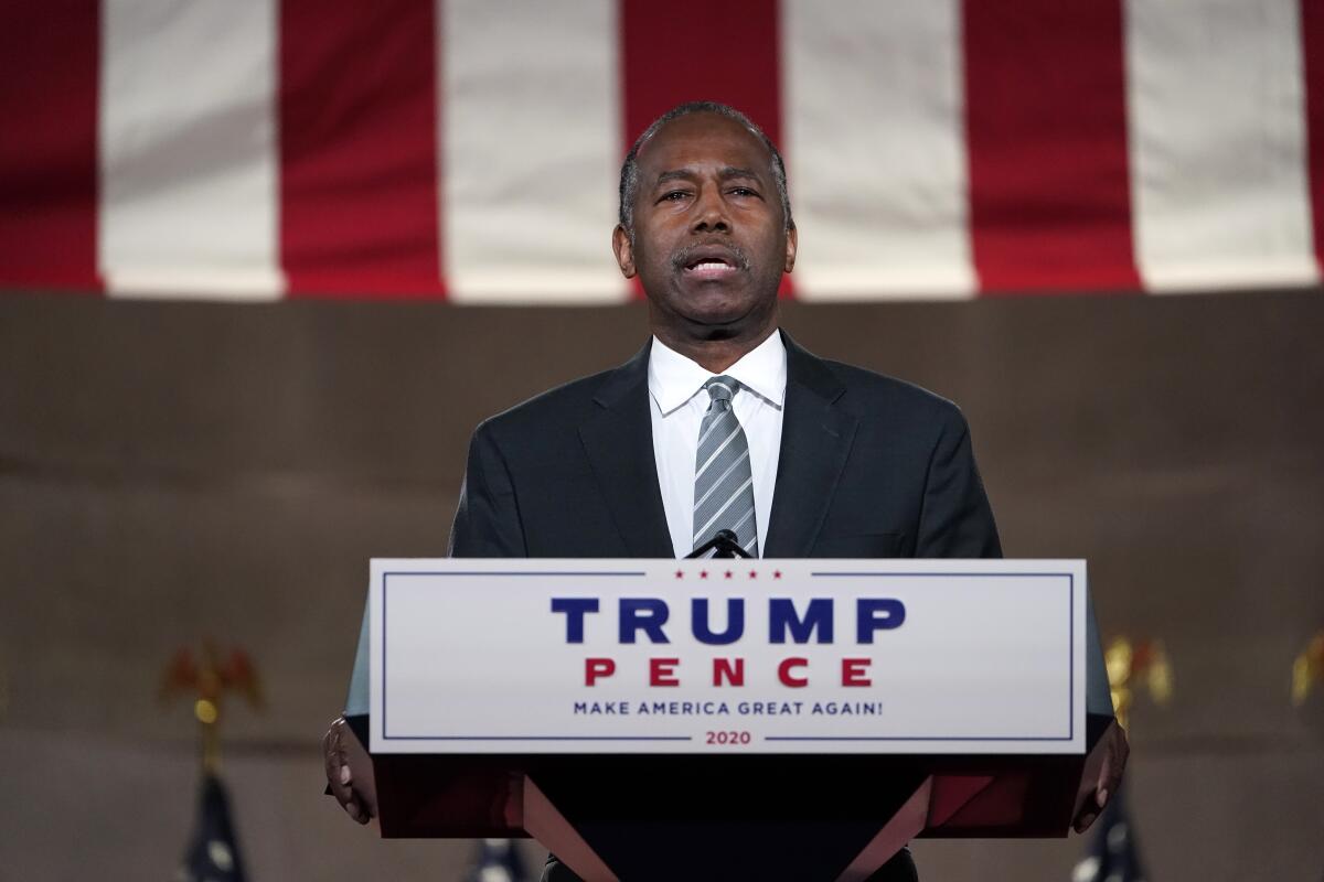 HUD's Ben Carson speaks at the Republican National Convention from  Washington on Aug. 27.