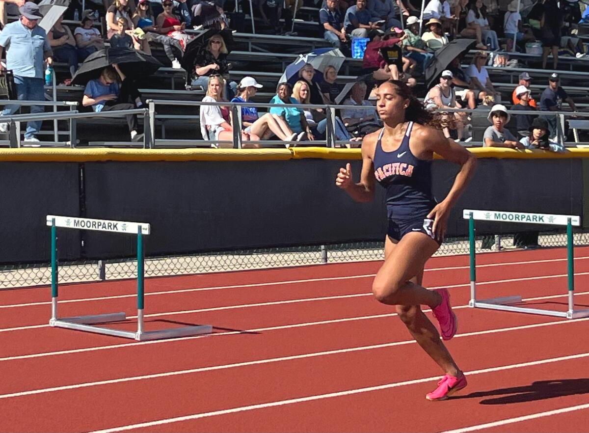 Pacifica Christian Orange County senior Charis Wondercheck competes in the Division 4 girls’ 300-meter hurdle.