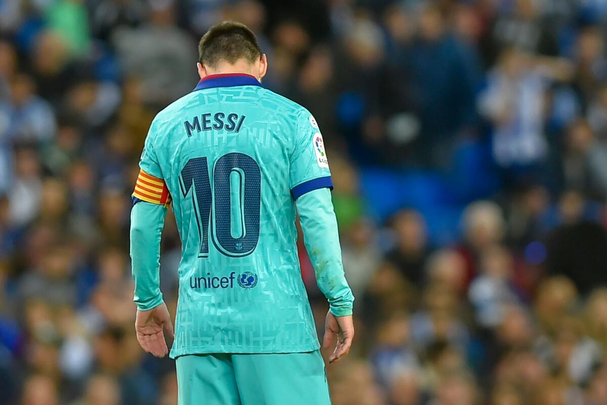 Barcelona's Argentine forward Lionel Messi reacts during the Spanish league football match between Real Sociedad and FC Barcelona at Anoeta stadium in San Sebastian on December 14, 2019. (Photo by ANDER GILLENEA / AFP) (Photo by ANDER GILLENEA/AFP via Getty Images) ** OUTS - ELSENT, FPG, CM - OUTS * NM, PH, VA if sourced by CT, LA or MoD **