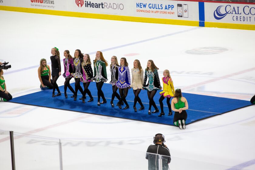 Clan Rince students perform at a Gulls hockey game at Pechanga Arena on March 11, 2023