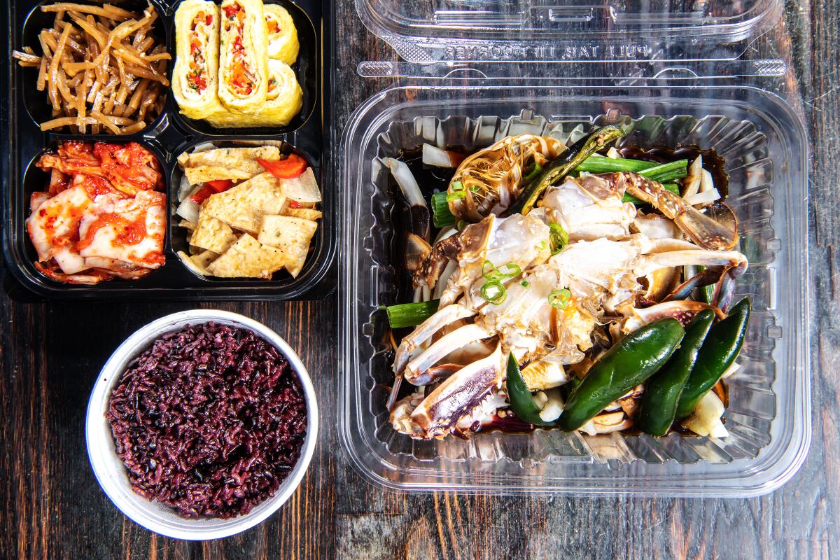 Marinated raw crab and an array of banchan from Soban.