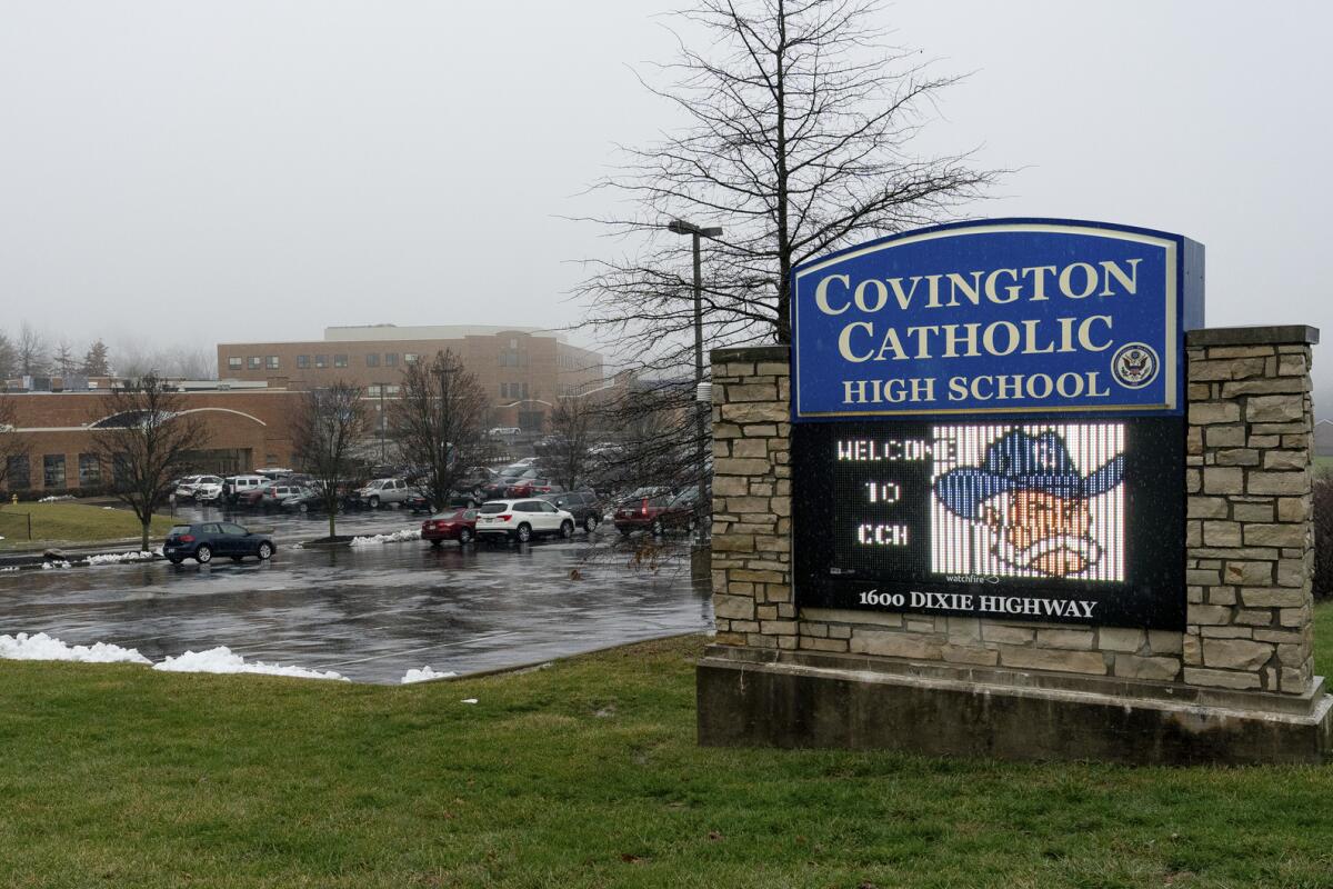 This Jan. 19, 2019 file photo shows an exterior view of Covington Catholic High School in Park Hills, Ky. Nicholas Sandmann, the Covington Catholic High School teen at the heart of an encounter with a Native American activist.