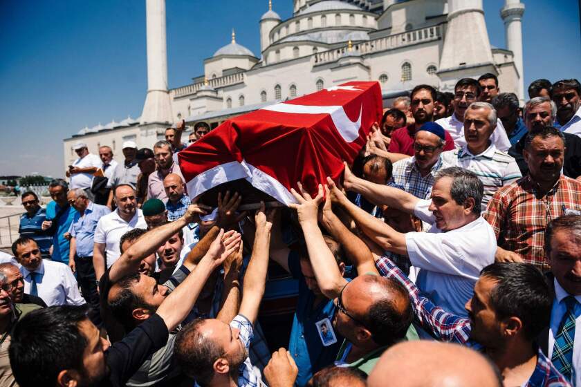 Mourners carry the coffin of a man who died during the coup attempt at a funeral ceremony at Kocatepe Mosque in Ankara, Turkey. Support from the highest ranks in the army helped keep President Recep Tayyip Erdogan in power.