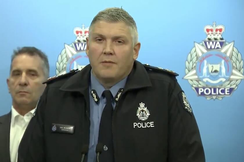 In this image from a video, Western Australian Police Commissioner Col Blanch speaks at a press conference in Perth, Australia Sunday, May 5, 2024. A 16-year-old boy armed with a knife was shot dead by police after he stabbed a man in the Australian west coast city of Perth, officials said Sunday. (Australian Broadcasting Corporation via AP)