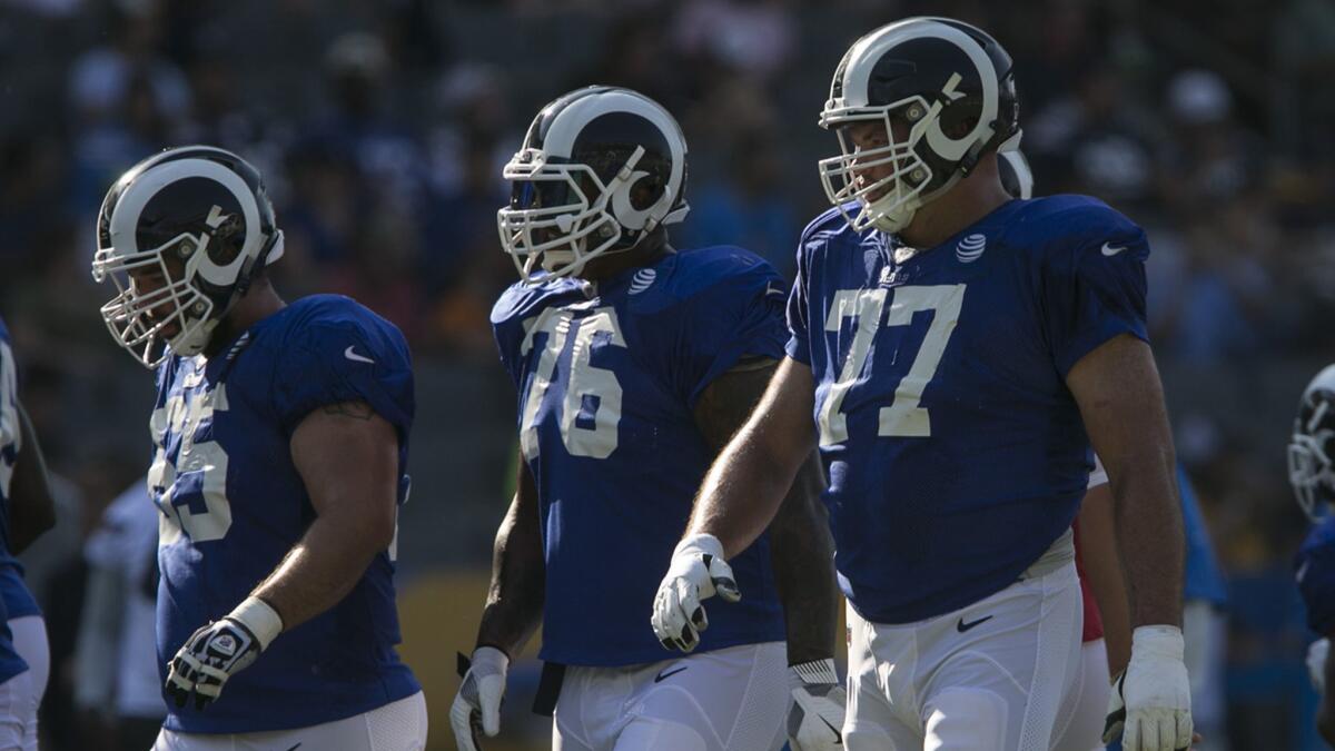 Andrew Whitworth (77) leads the Rams offensive line during a joint practice with the Chargers.