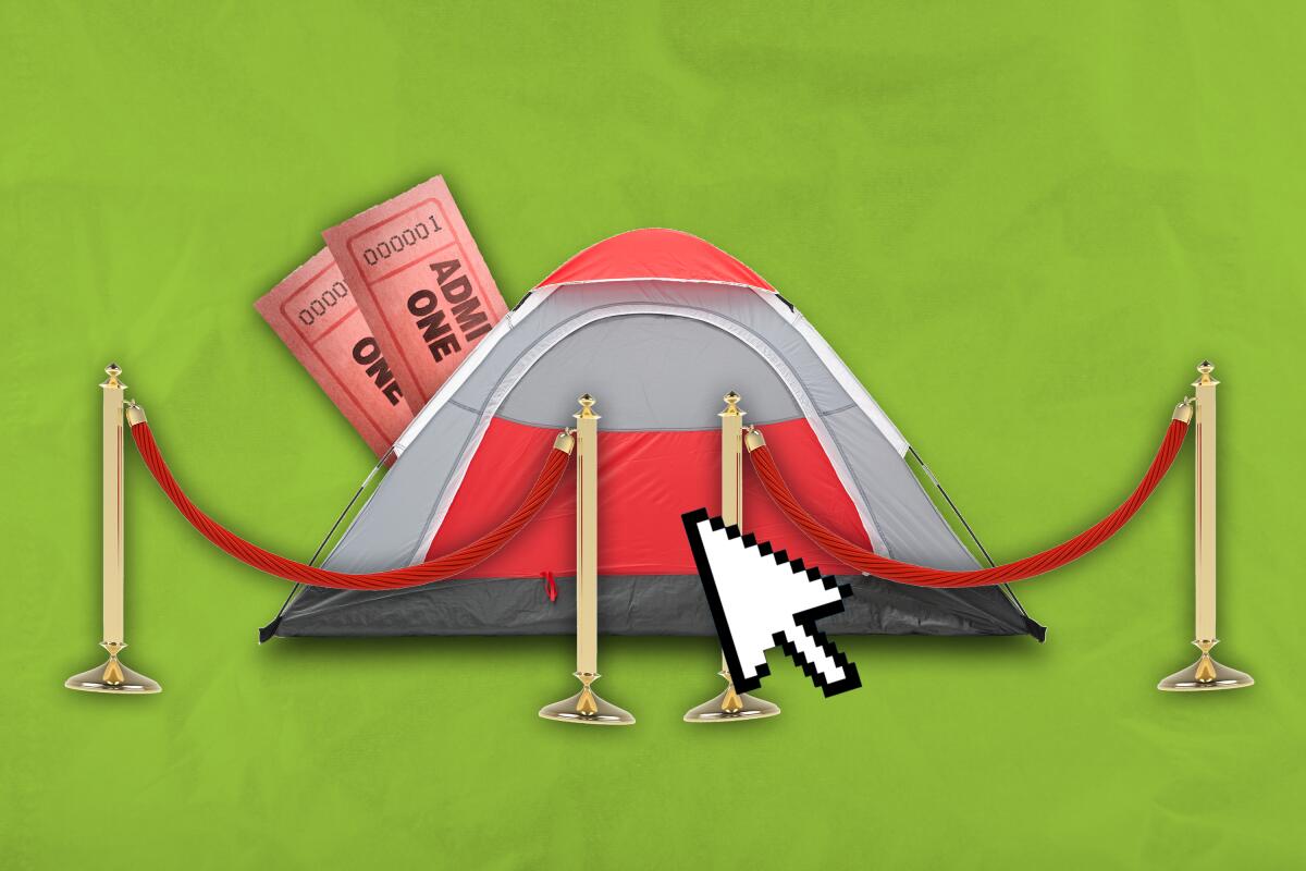 An illustration of a tent with two tickets and a mouse pointer icon