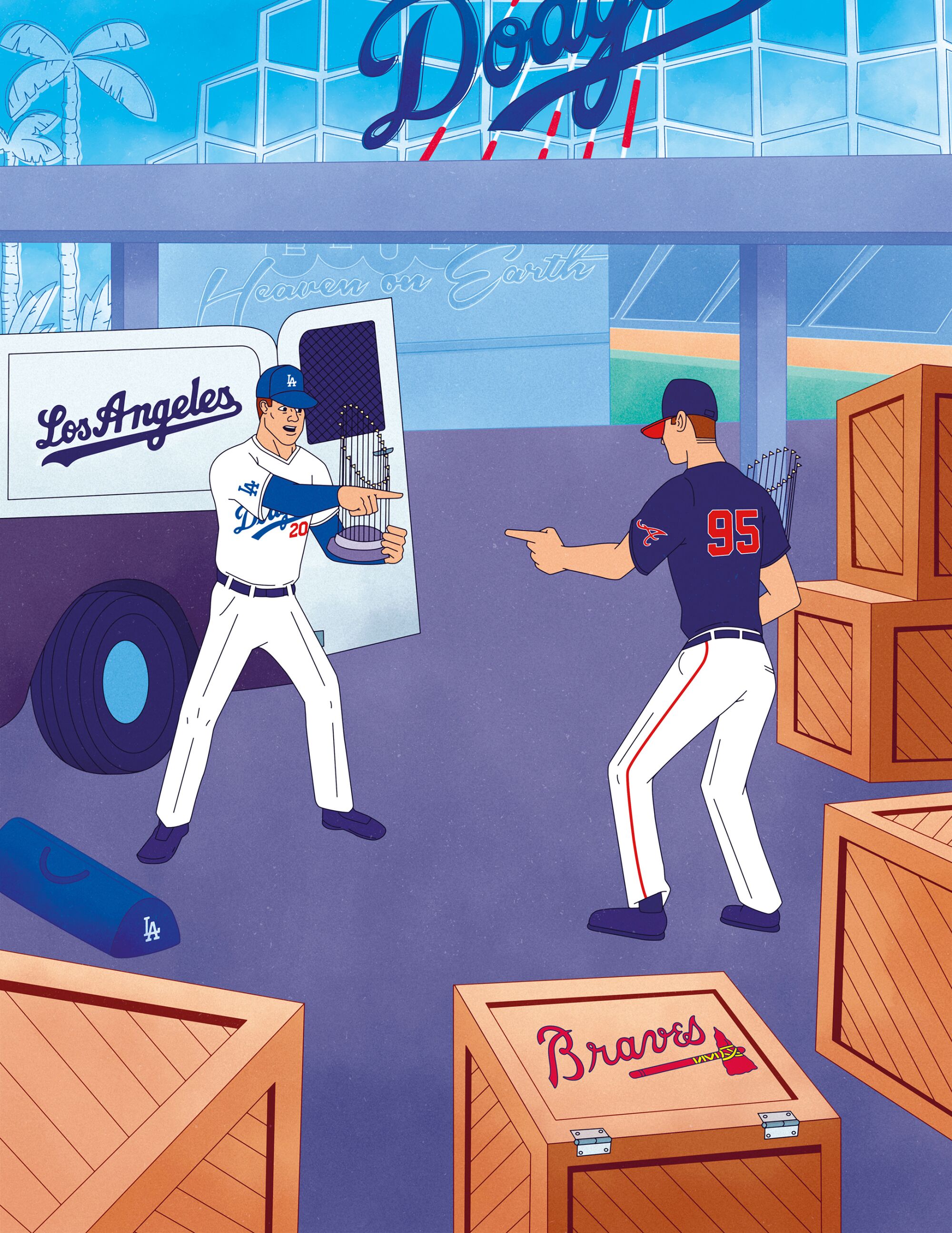 Illustration in comic style of a Dodgers player holding a trophy pointing at a Braves player holding a trophy