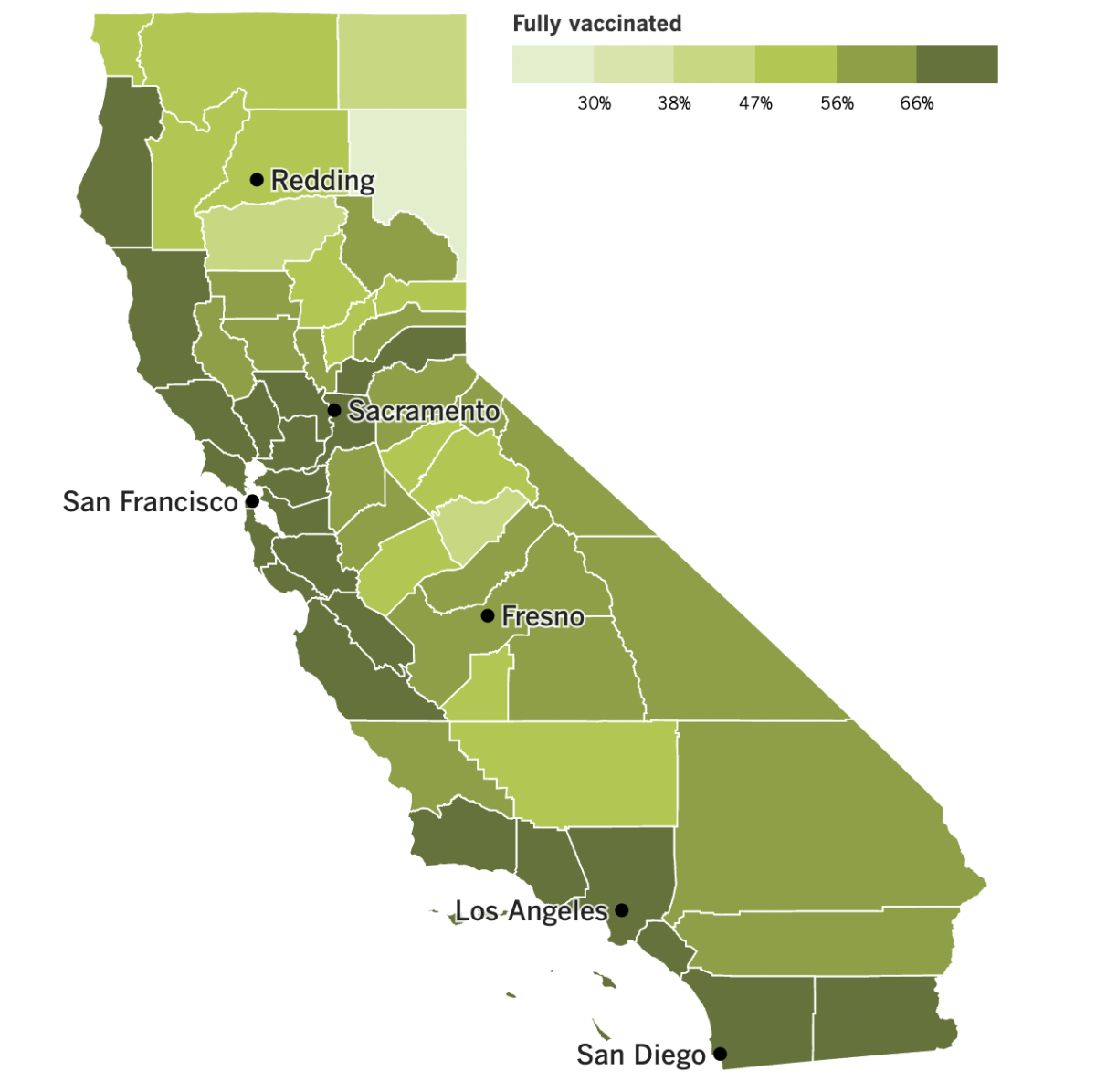 A map showing California's vaccination progress by county as of Sept. 6, 2022.