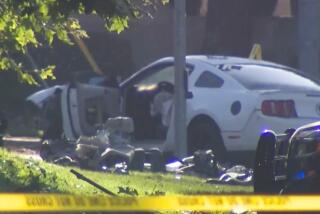 A DUI suspect in a black Hyundai evaded deputies from the Rancho Cucamonga station who attempted to perform a traffic stop at around 2 a.m. at the intersection of Foothill Boulevard and Archibald Avenue. The high speed pursuit by air and ground ended abruptly after six minutes when the suspectOs car crashed into another white Ford Mustang and swerved into a pole at North Mountain Avenue and West 16th Street.