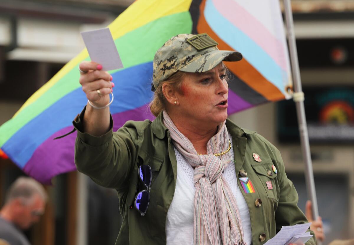 Stephanie Wade, a former Marine from Seal Beach and transgender woman, is a guest speaker during Sunday's demonstration.