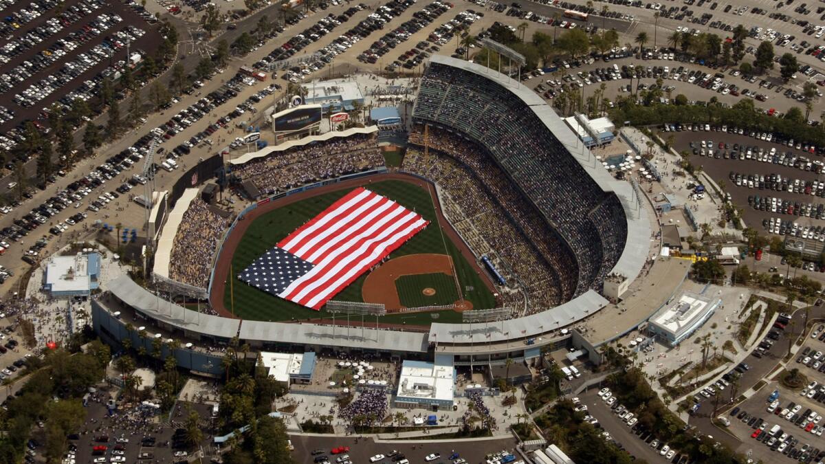 An aerial view of Dodger Stadium before the start of the Dodgers' 2014 home opener against the San Francisco Giants.