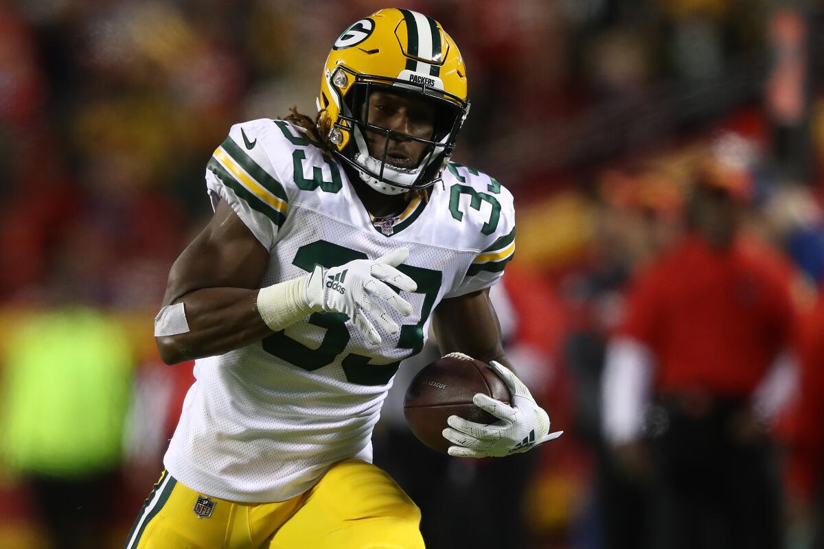 Green Bay running back Aaron Jones makes a catch against Kansas City on Oct. 27, 2019.