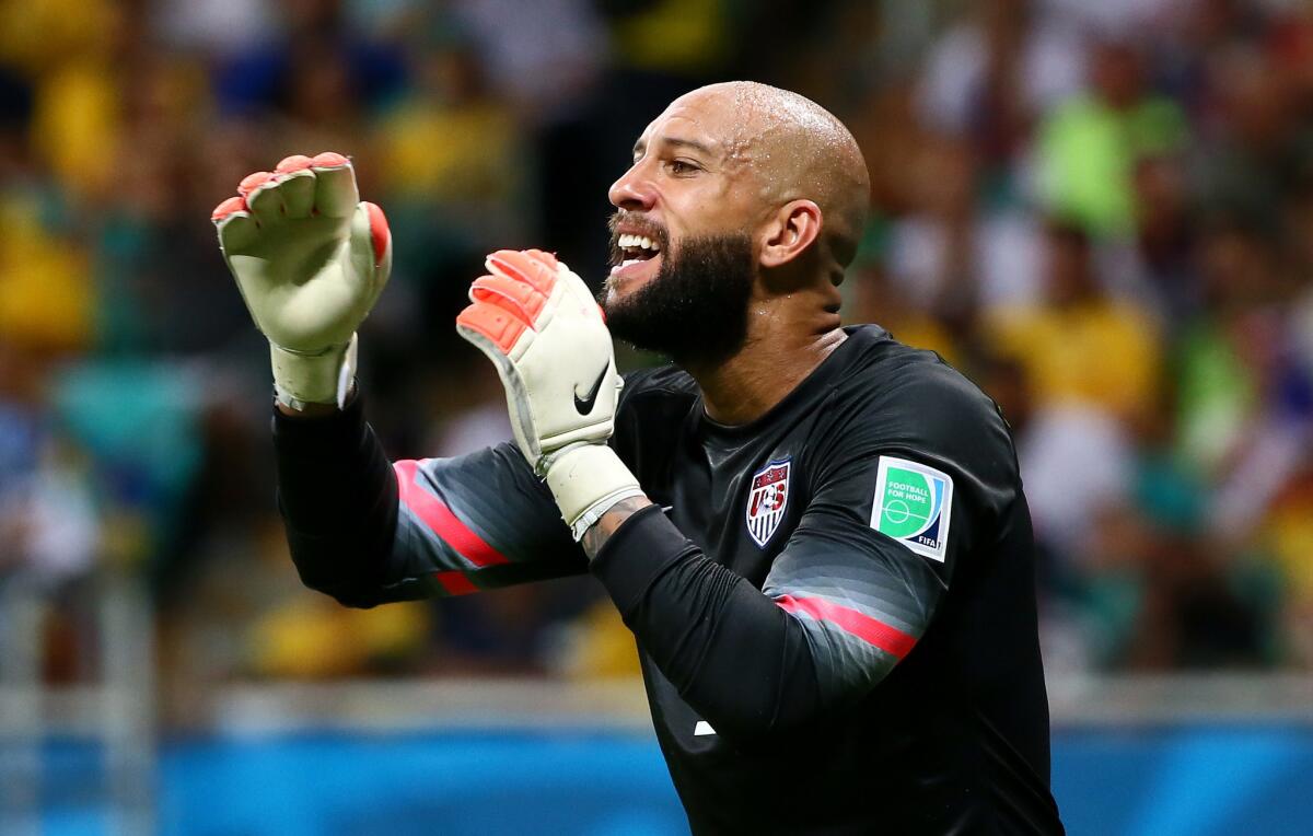 Tim Howard reacts during the 2014 FIFA World Cup Brazil Round of 16 match against Belgium.
