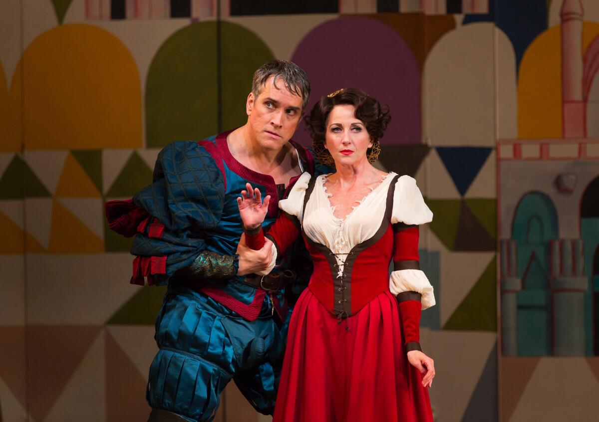 Mike McGowan as Petruchio and Anastasia Barzee as Kate in the Hartford Stage/Old Globe co-production of "Kiss Me, Kate" in San Diego.