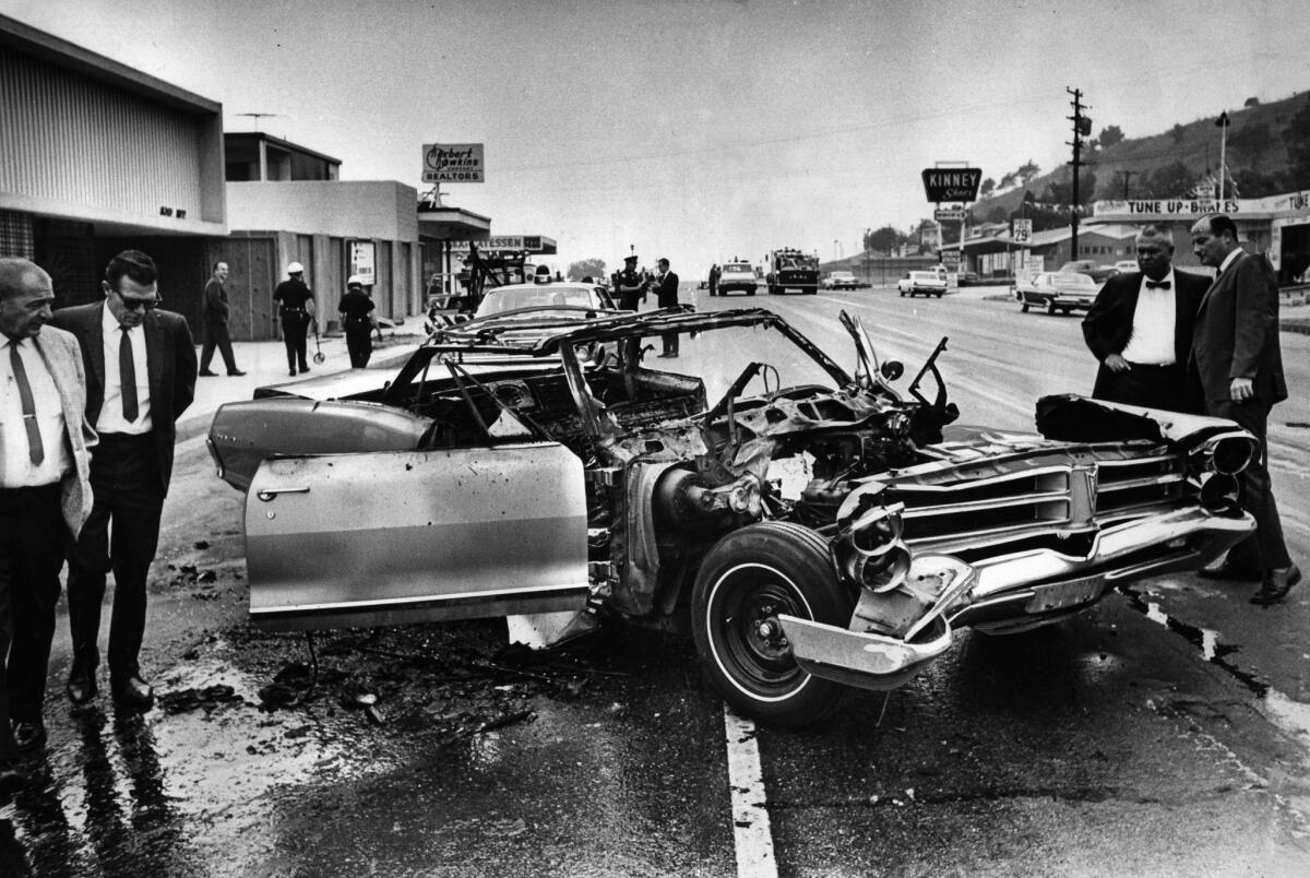 A photo, circa September 1967, in the Los Angeles Times shows the remains of a bombed car on Atlantic Boulevard near Cadiz Street.