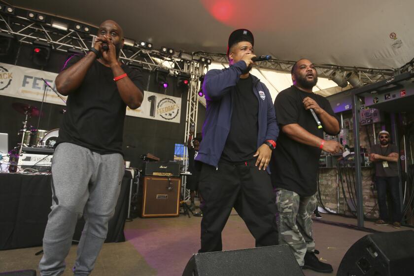 FILE - De La Soul's Kelvin Mercer, David Jude Jolicoeur and Vincent Mason, from left, perform at Rachael Ray's Feedback Party at Stubb's during the South by Southwest Music Festival on Saturday March 18, 2017, in Austin, Texas. Jolicoeur, known widely as Trugoy the Dove and one of the founding members of the Long Island hip hop trio De La Soul, has died at age 54. His representative Tony Ferguson confirmed the reports Sunday, Feb. 12, 2023. (Photo by Jack Plunkett/Invision/AP, File)