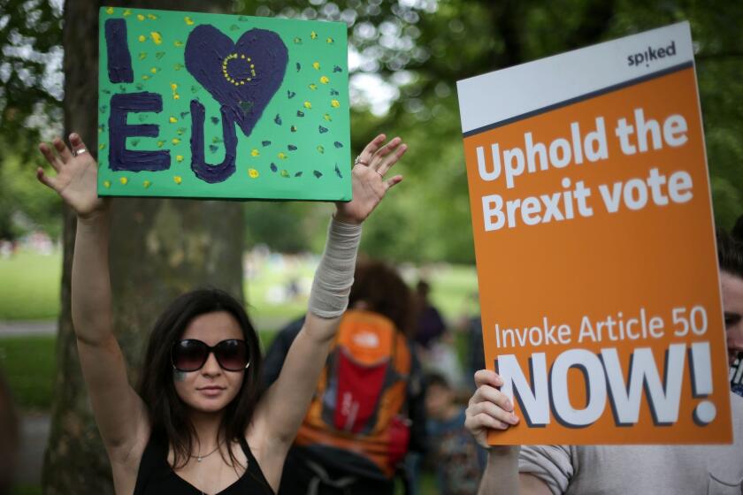 Pro-European Union supporters and pro-"Brexit" supporters demonstrate in London's Green Park on July 9.