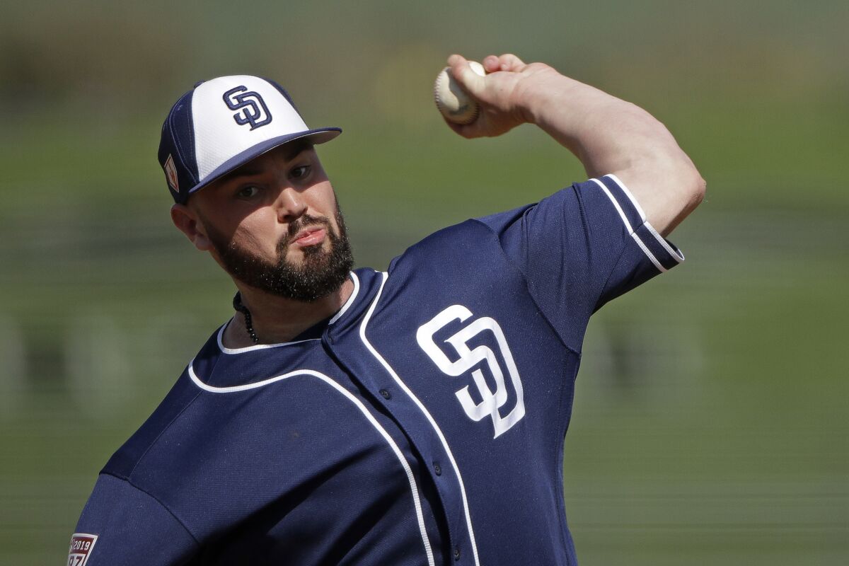 San Diego Padres pitcher Logan Allen throws during the fourth inning of a spring training baseball game against the Kansas City Royals Thursday, Feb. 28, 2019, in Surprise, Ariz.