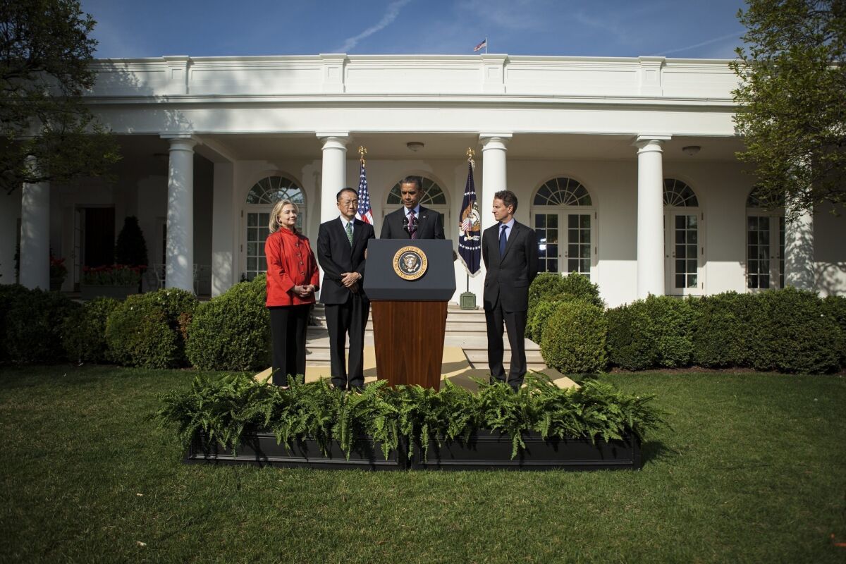 President Obama speaks in the Rose Garden of the White House, along with Secretary of State Hillary Rodham Clinton, Dartmouth College President Jim Yong Kim and Treasury Secretary Timothy Geithner.