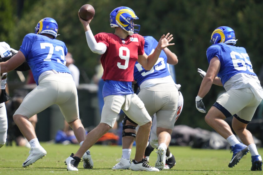 Rams quarterback Matthew Stafford (9) prepares to throw during a joint practice with the Bengals in Cincinnati.