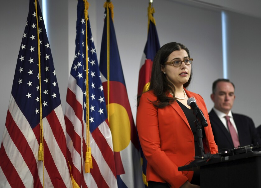 FILE - In this Aug. 12, 2021, file photo, Colorado Secretary of State Jena Griswold speaks during a news conference about an election breach investigation in Denver. Griswold is accusing a second Republican county clerk of violating election security. Griswold on Monday, Jan. 24, 2022, ordered Elbert County Clerk and Recorder Dallas Schroeder to hand over images of the county's election system he said he made last year. (RJ Sangosti/The Denver Post via AP, File)