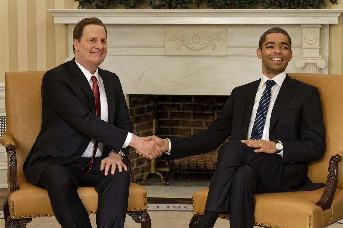 Jeff Daniels as James Comey and Kingsley Ben-Adir as President Barack Obama in Showtime's "The Comey Rule."