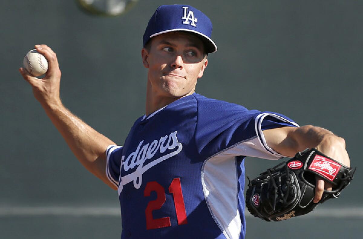 Dodgers starting pitcher Zack Greinke throws during a spring training practice last month.
