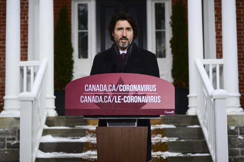 Prime Minister Justin Trudeau holds a news conference at Rideau Cottage in Ottawa on Friday, Feb. 5, 2021. (Sean Kilpatrick/The Canadian Press via AP)