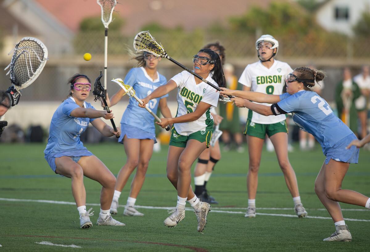 Edison's Sofia Chock takes a shot on goal during a Sunset League match against Corona del Mar on Tuesday.