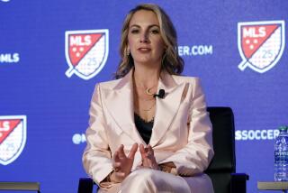 Major League Soccer St. Louis team owner & CEO Carolyn Kindle Betz is interviewed during the Major League Soccer 25th Season kickoff event in New York, Wednesday, Feb. 26, 2020. (AP Photo/Richard Drew)