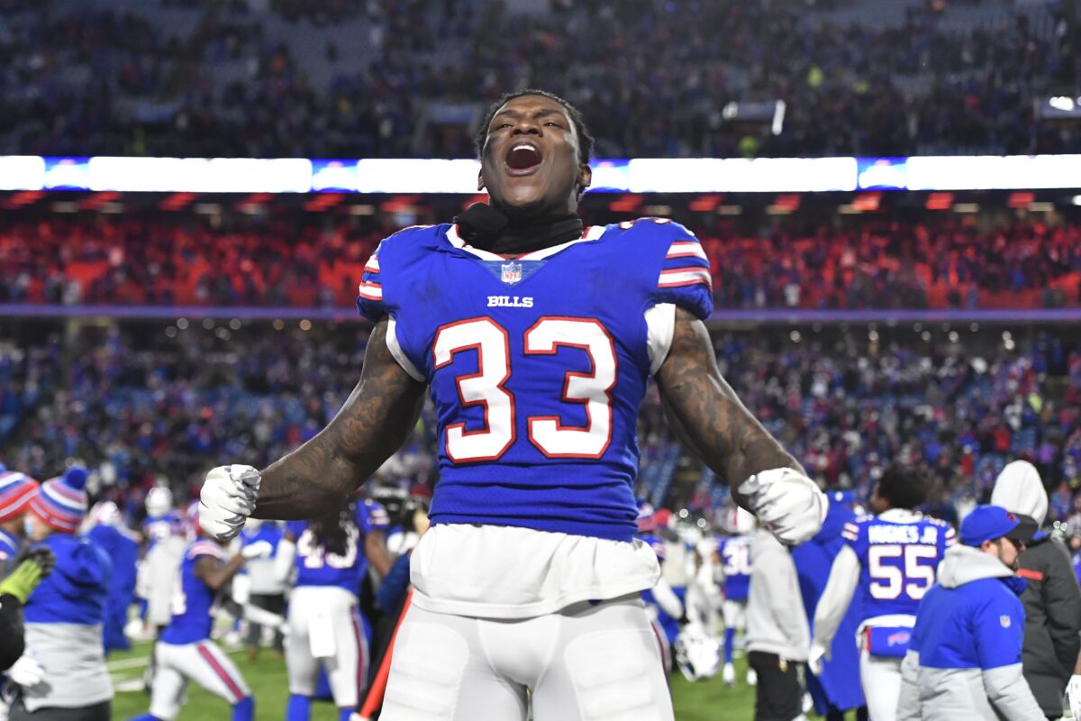 Buffalo Bills' Siran Neal reacts after an NFL football game against the New York Jets, Sunday, Jan. 9, 2022, in Orchard Park, N.Y. The Bills defeated the Jets 27-10. (AP Photo/Adrian Kraus)